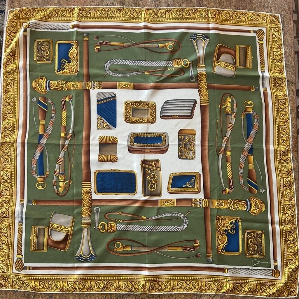 Beautiful Vintage Genny Silk Scarf of Golds and Greens, Made in Italy, ~ 34 x 34